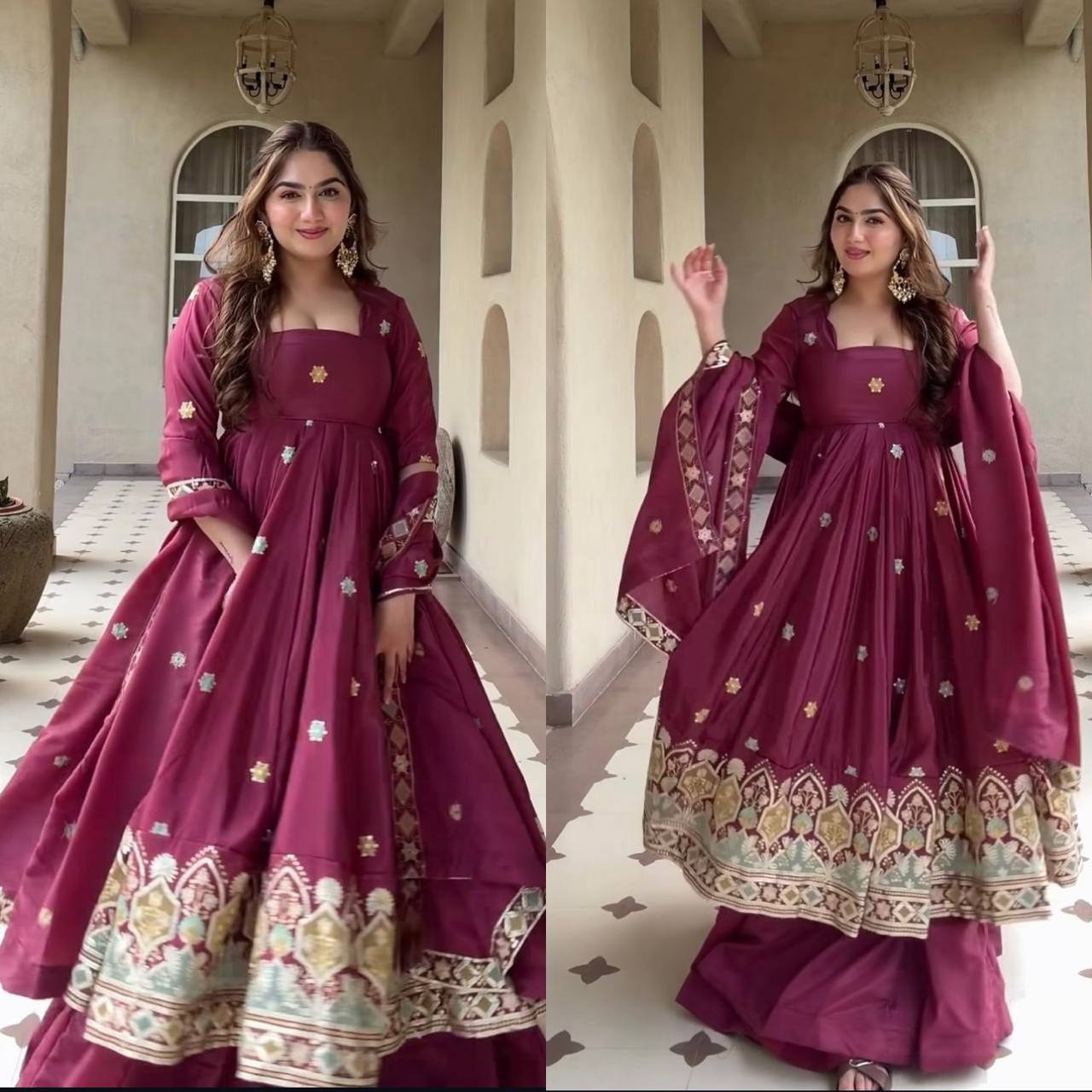 Majestic Wine Flared Anarkali Suit Set Adorned with Delicate Floral Scattered Motifs and an Ornate Heritage Embroidered Border